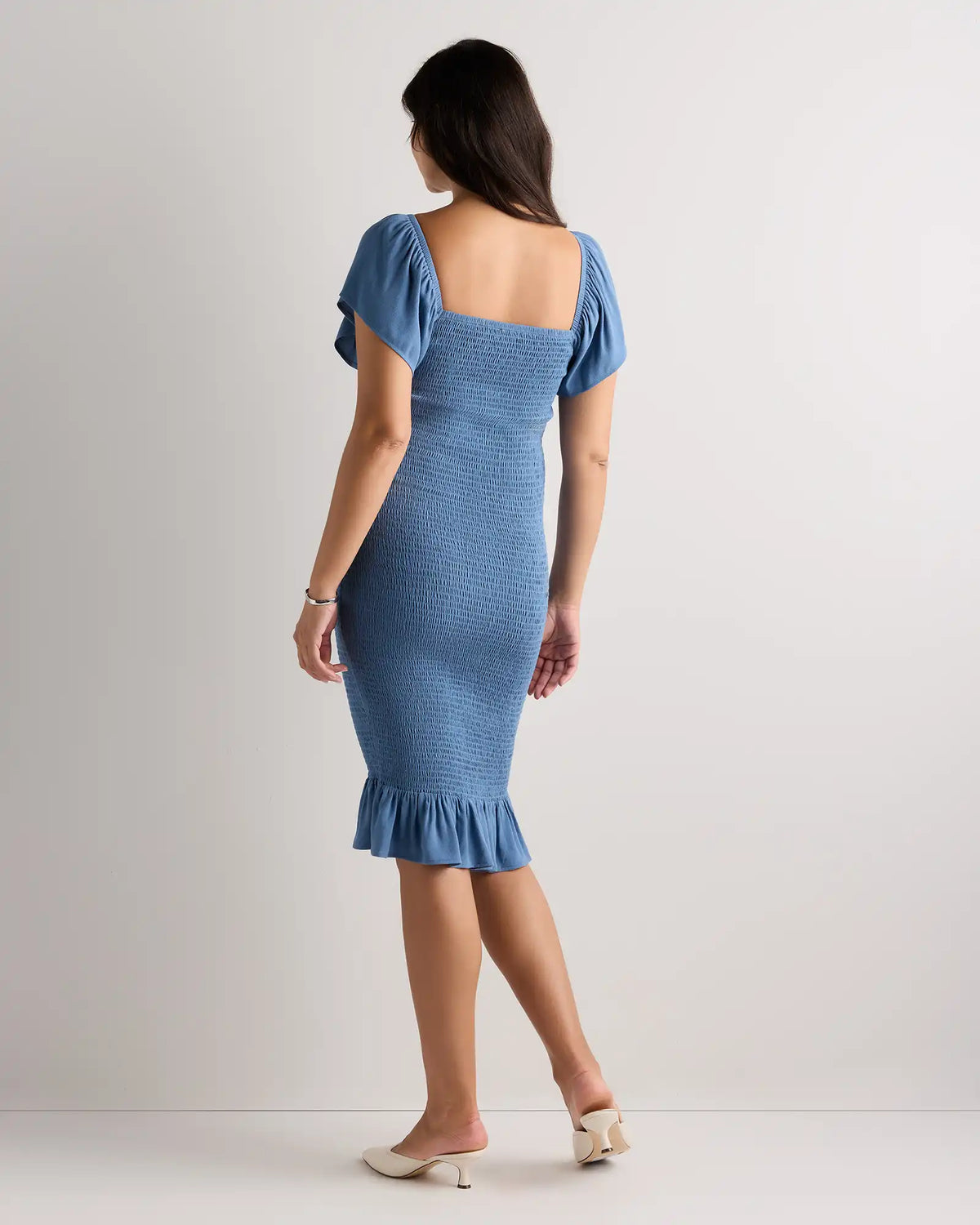 Lightweight Crepe Smocked Flutter Sleeve Maternity Dress
