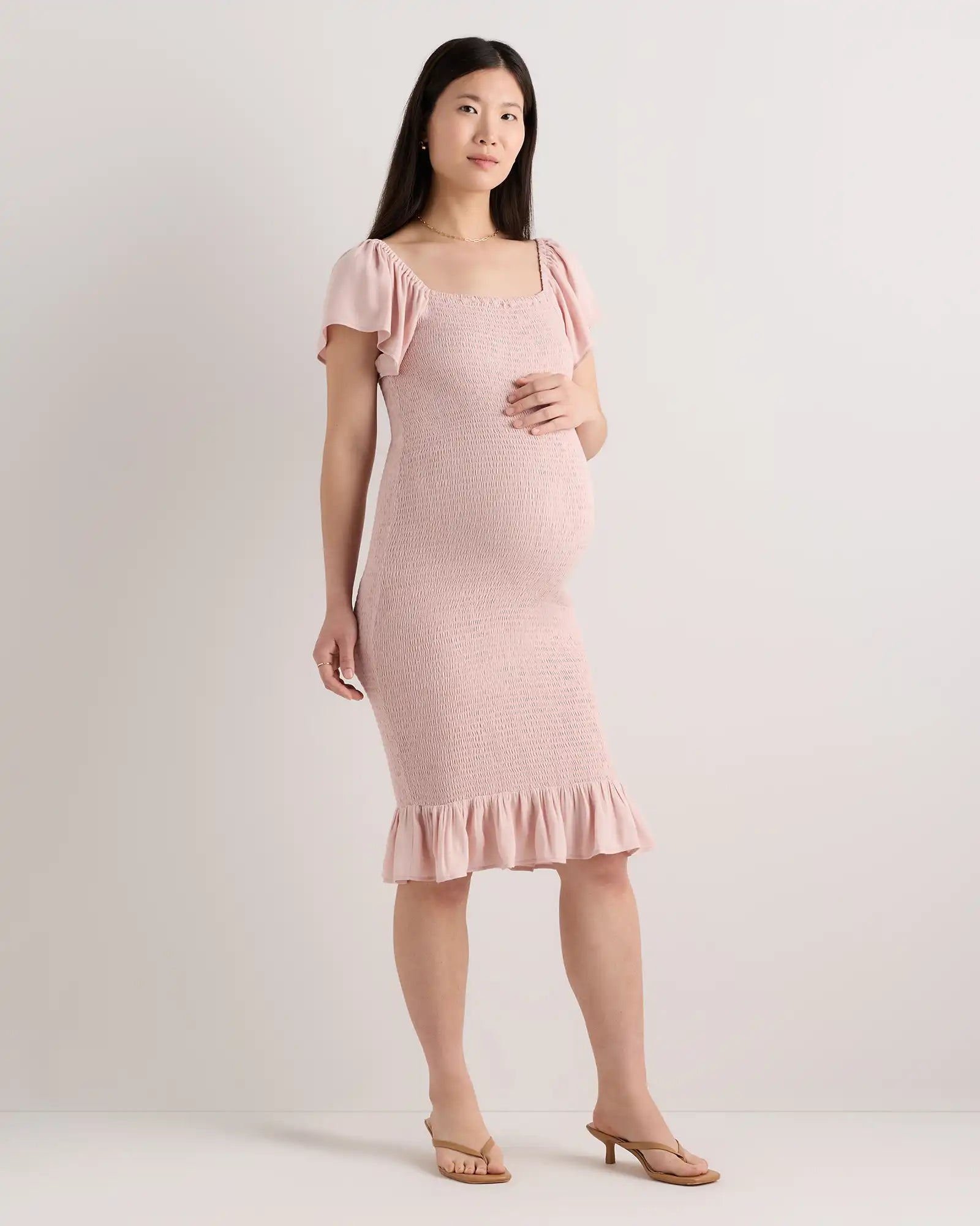 Lightweight Crepe Smocked Flutter Sleeve Maternity Dress