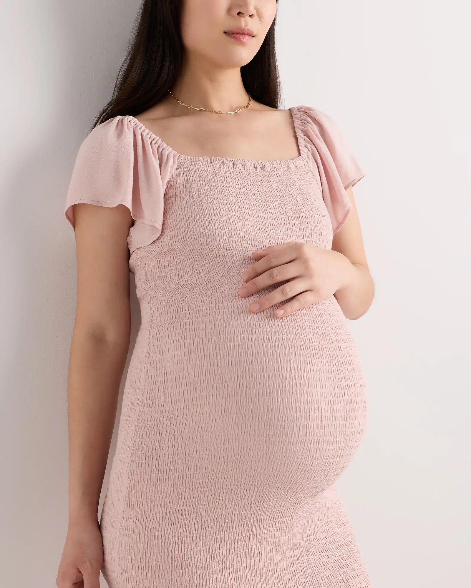 Lightweight Crepe Smocked Flutter Sleeve Maternity Dress