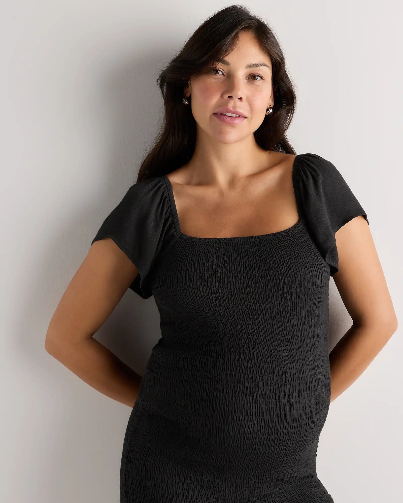 Lightweight Crepe Smocked Flutter Sleeve Maternity Dress