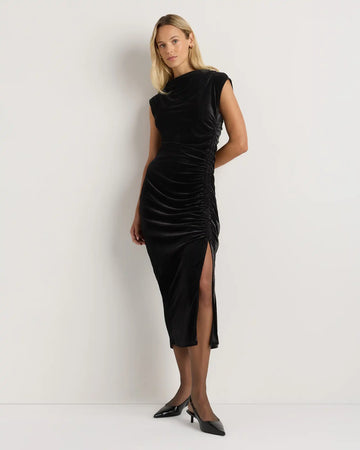 Stretch Silk Velvet Ruched Midi Dress