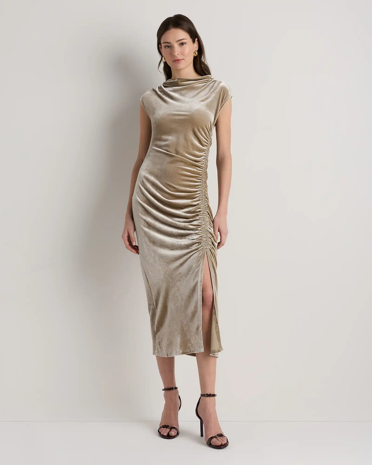 Stretch Silk Velvet Ruched Midi Dress