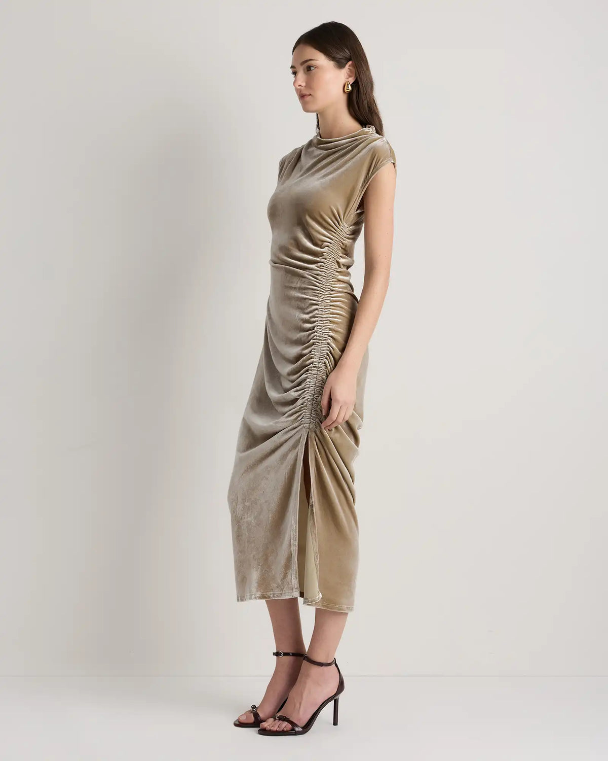 Stretch Silk Velvet Ruched Midi Dress