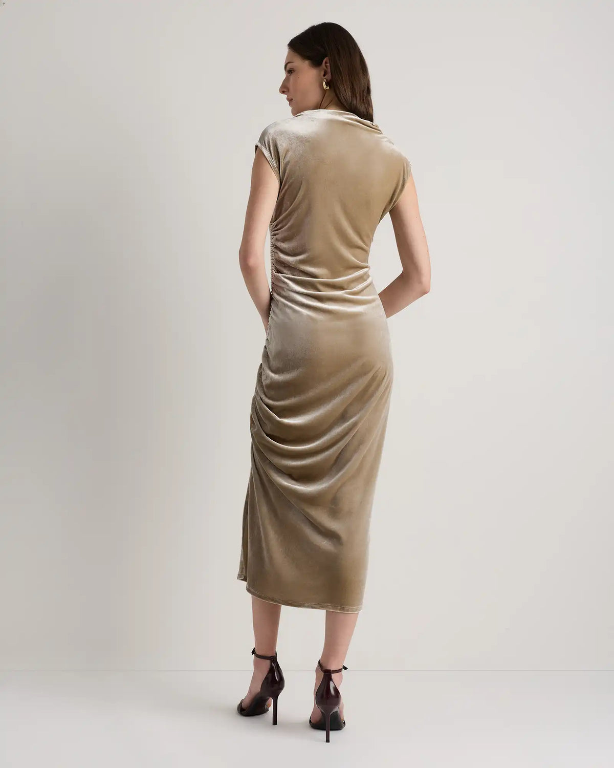 Stretch Silk Velvet Ruched Midi Dress
