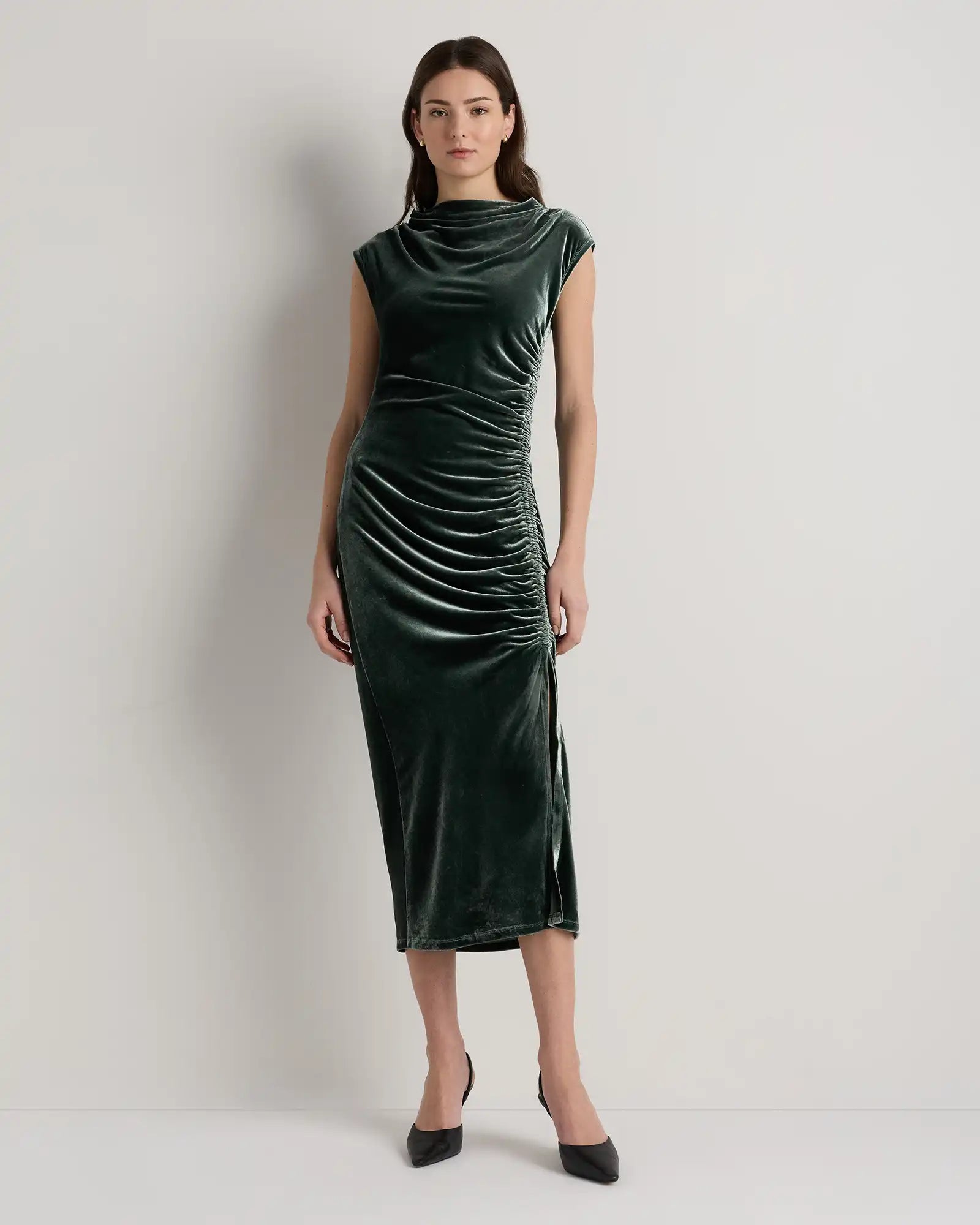 Stretch Silk Velvet Ruched Midi Dress