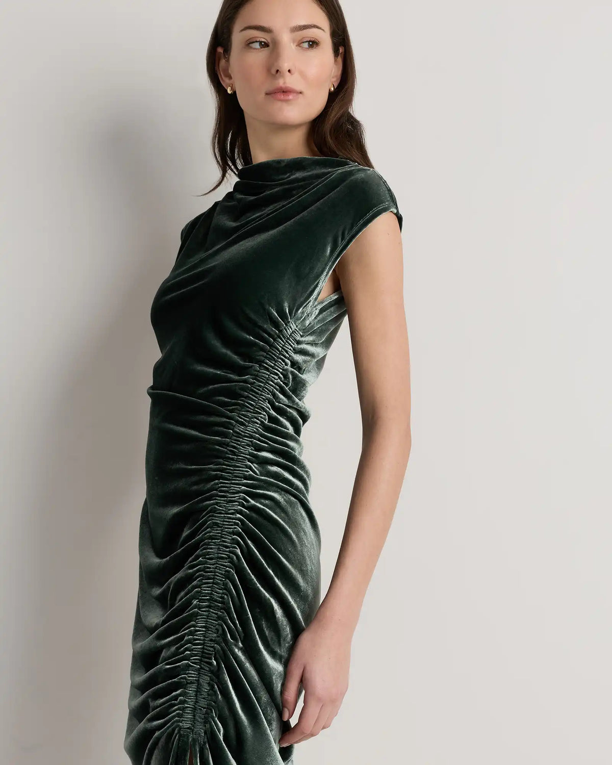 Stretch Silk Velvet Ruched Midi Dress