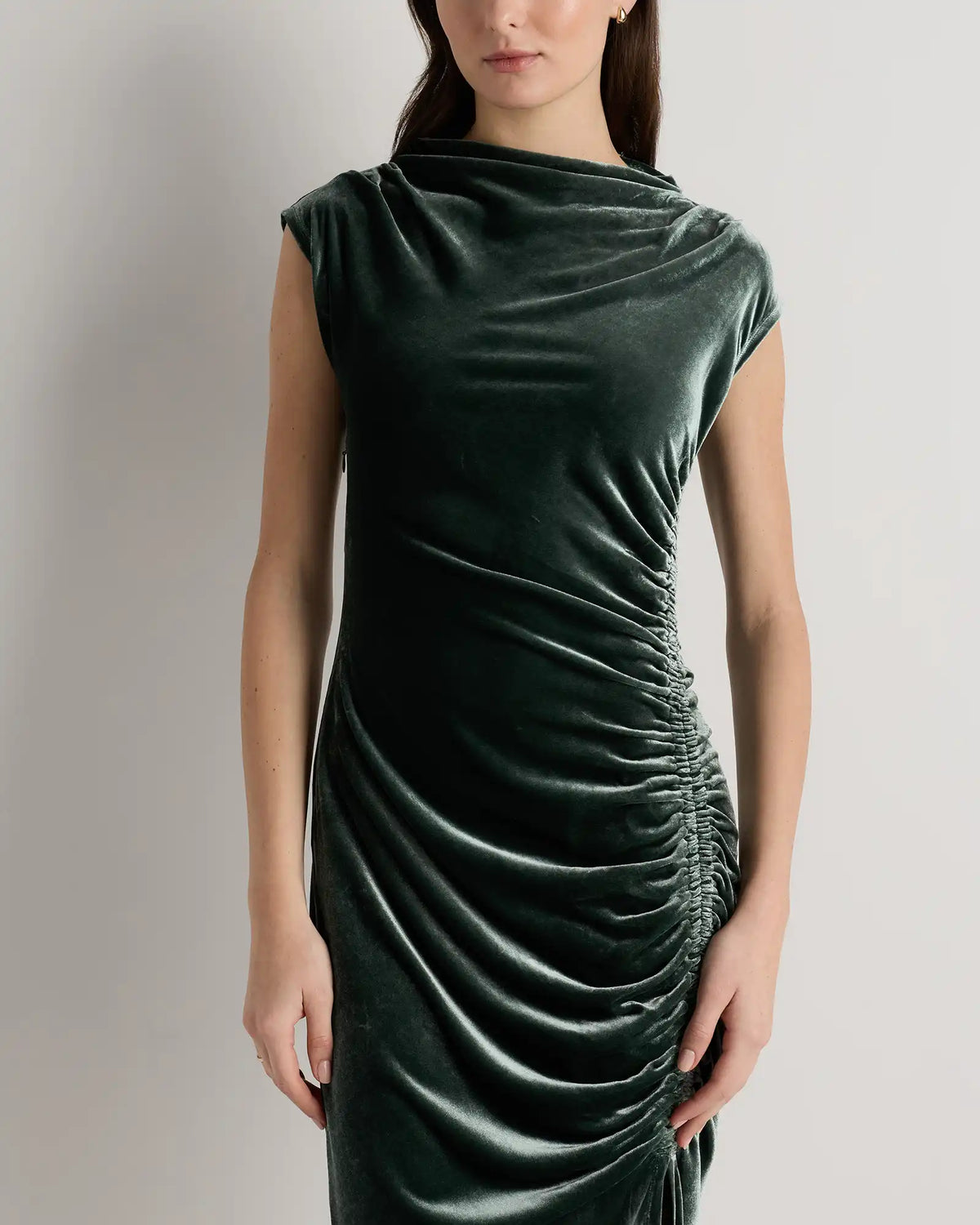 Stretch Silk Velvet Ruched Midi Dress