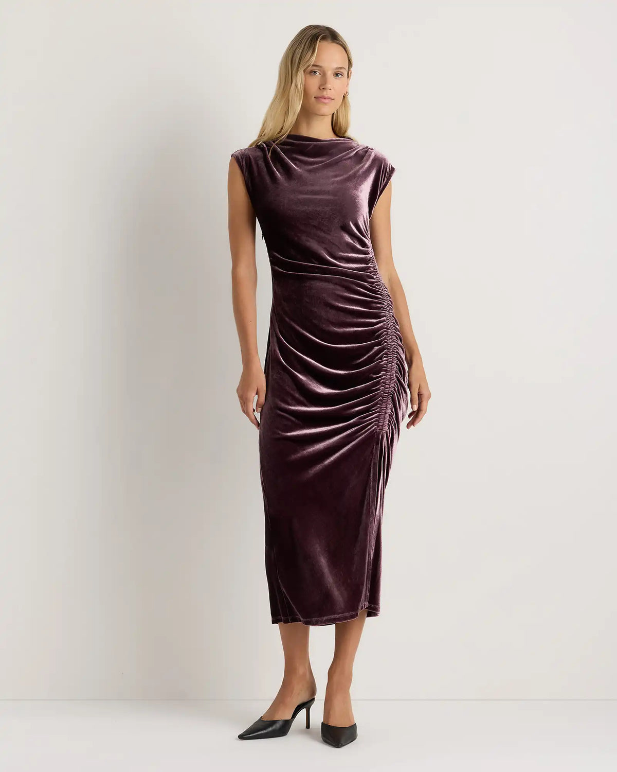 Stretch Silk Velvet Ruched Midi Dress