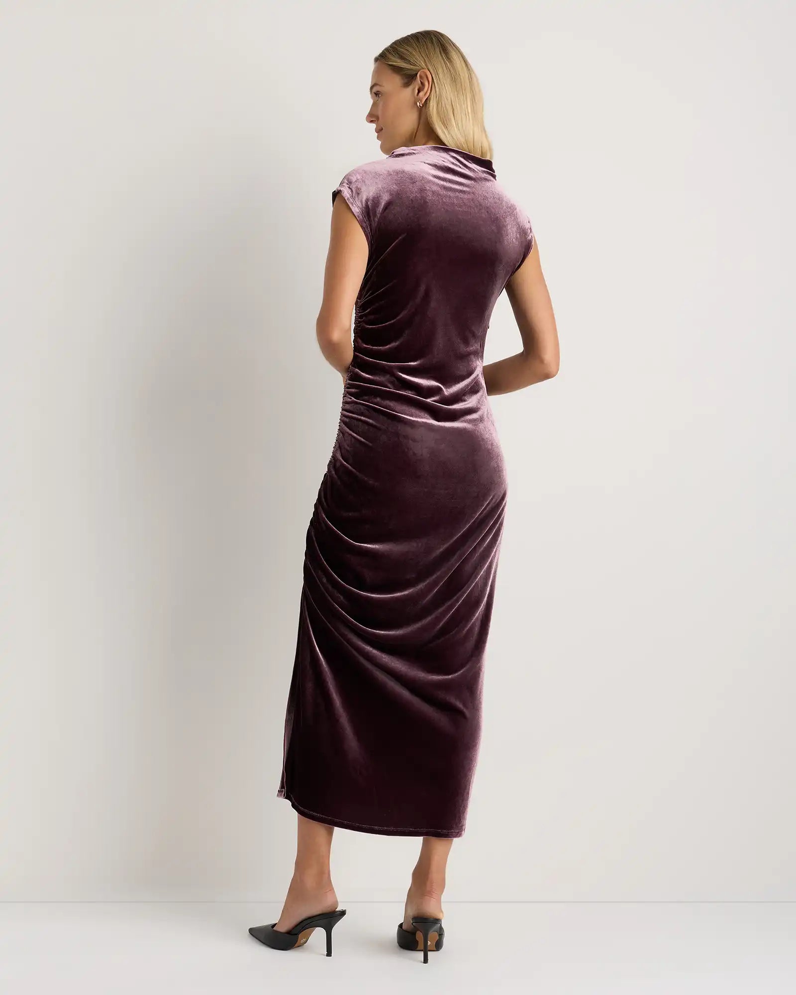Stretch Silk Velvet Ruched Midi Dress