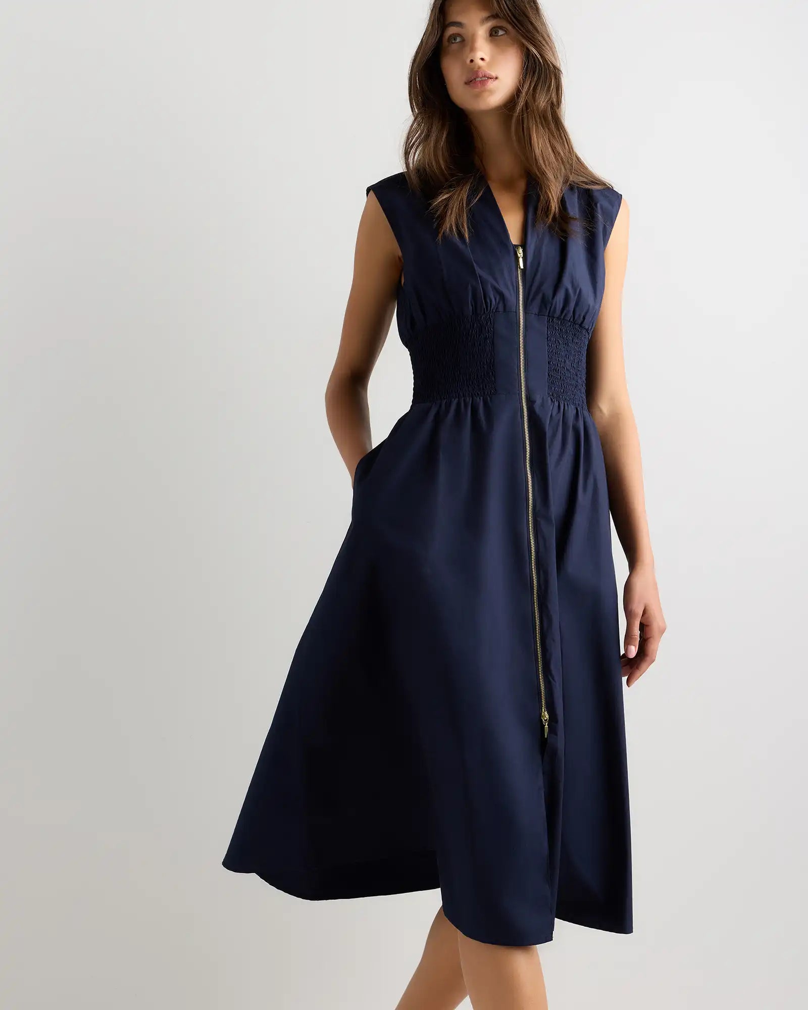 100% Organic Cotton Poplin Zip-Front Midi Dress