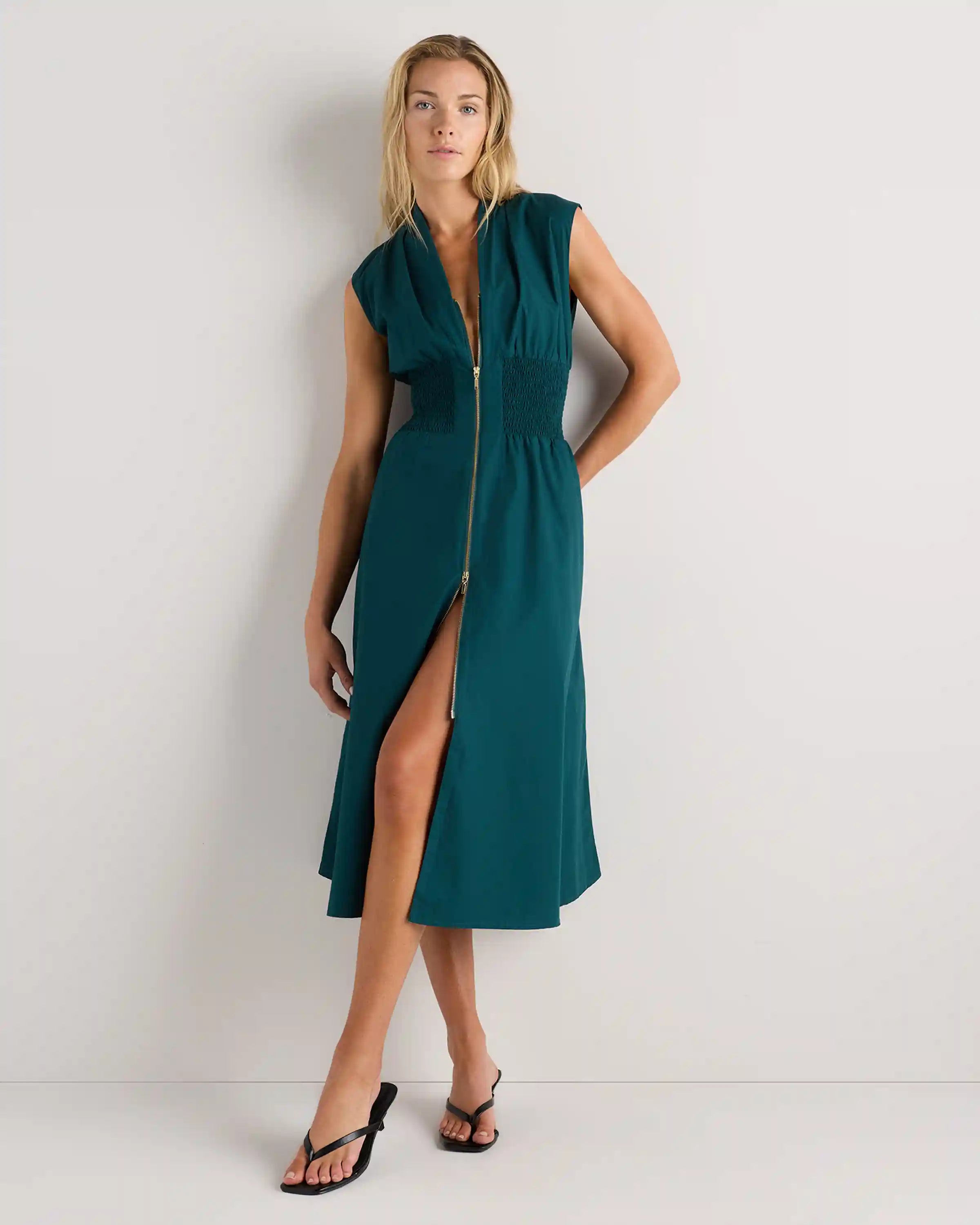 100% Organic Cotton Poplin Zip-Front Midi Dress