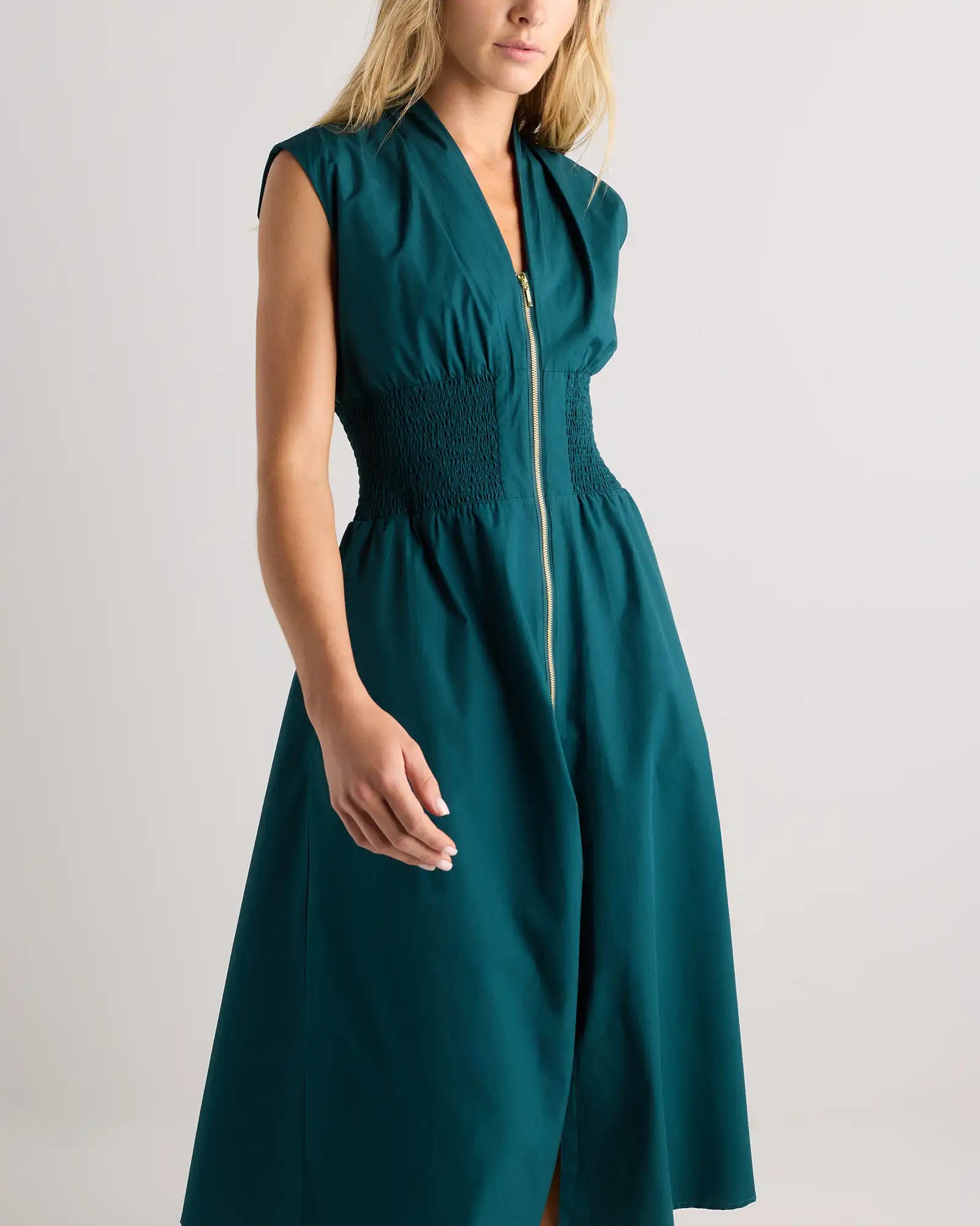 100% Organic Cotton Poplin Zip-Front Midi Dress