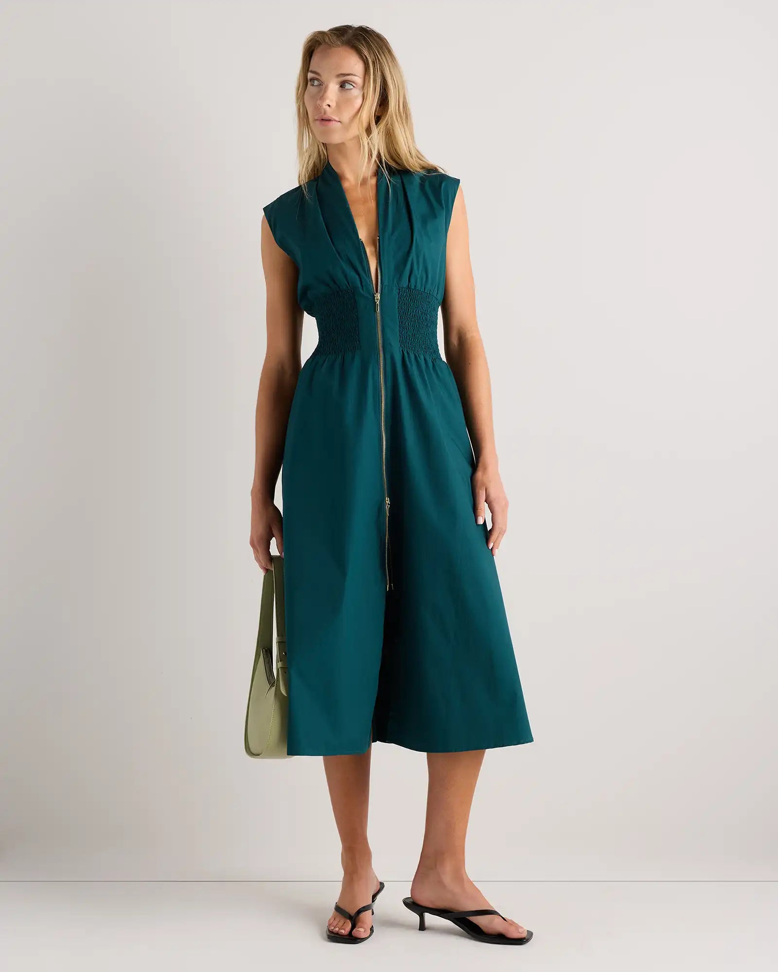 100% Organic Cotton Poplin Zip-Front Midi Dress