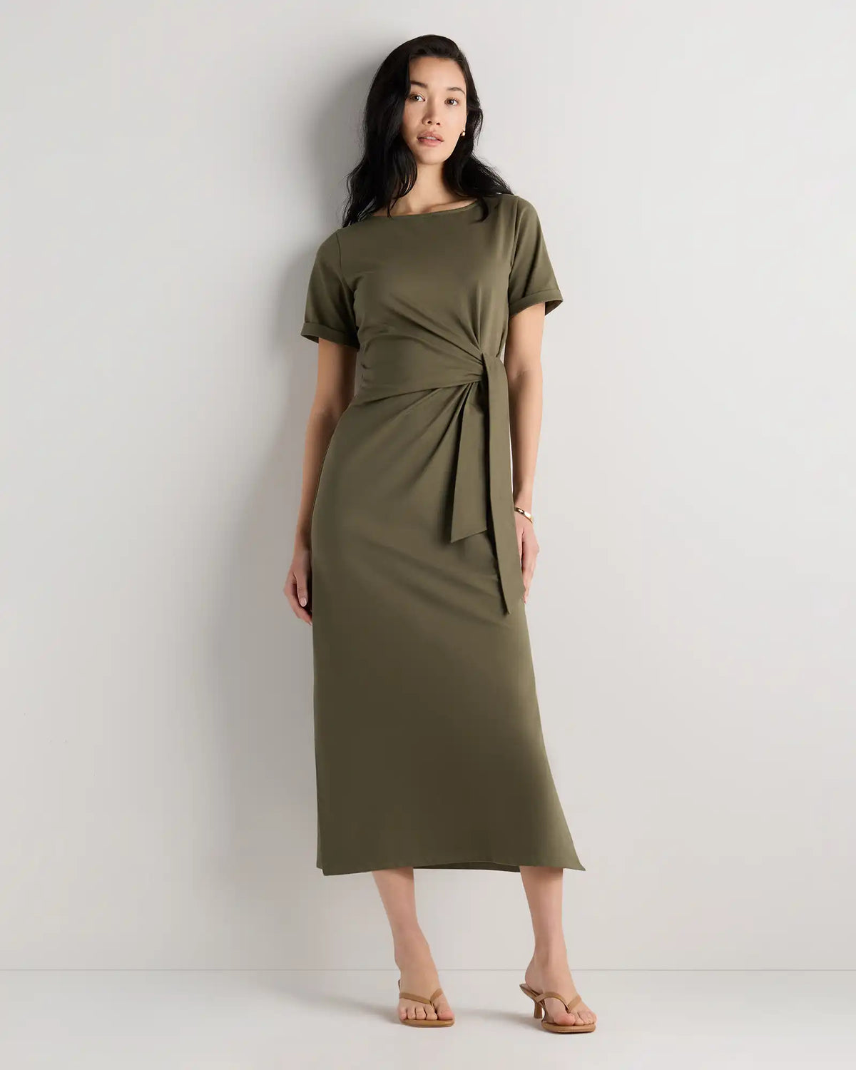 Stretch Cotton Jersey Side Tie Midi Dress