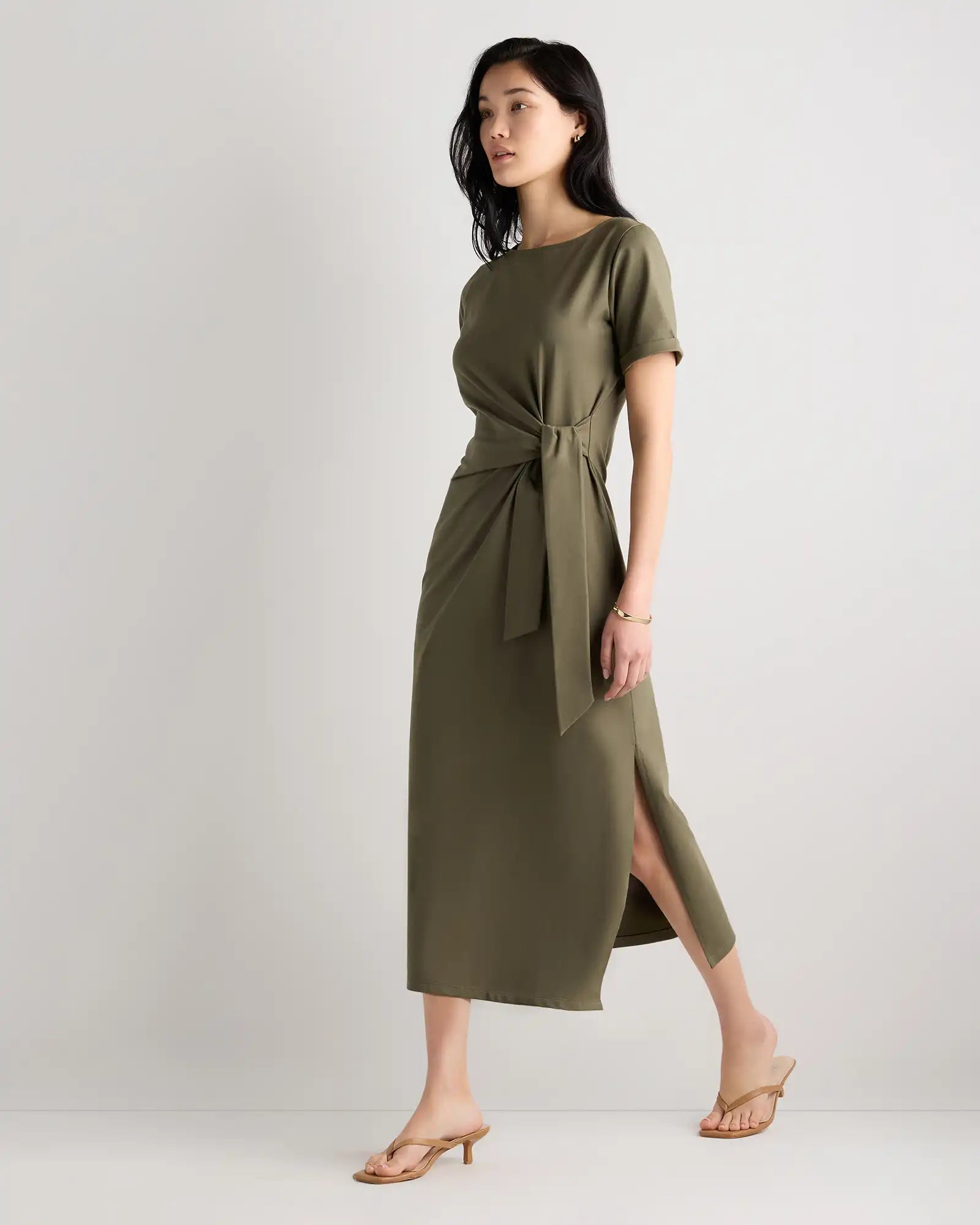 Stretch Cotton Jersey Side Tie Midi Dress