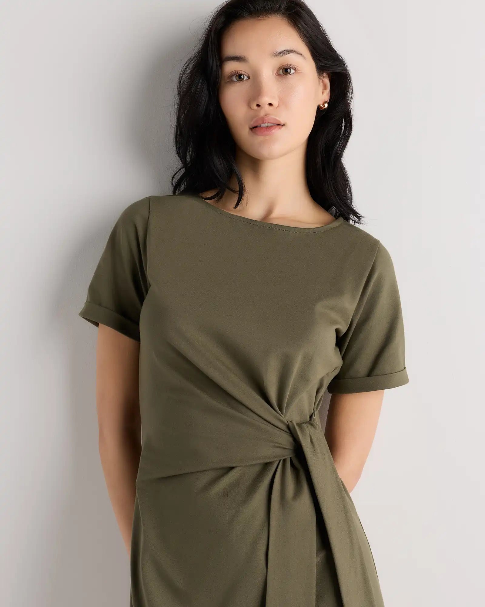 Stretch Cotton Jersey Side Tie Midi Dress