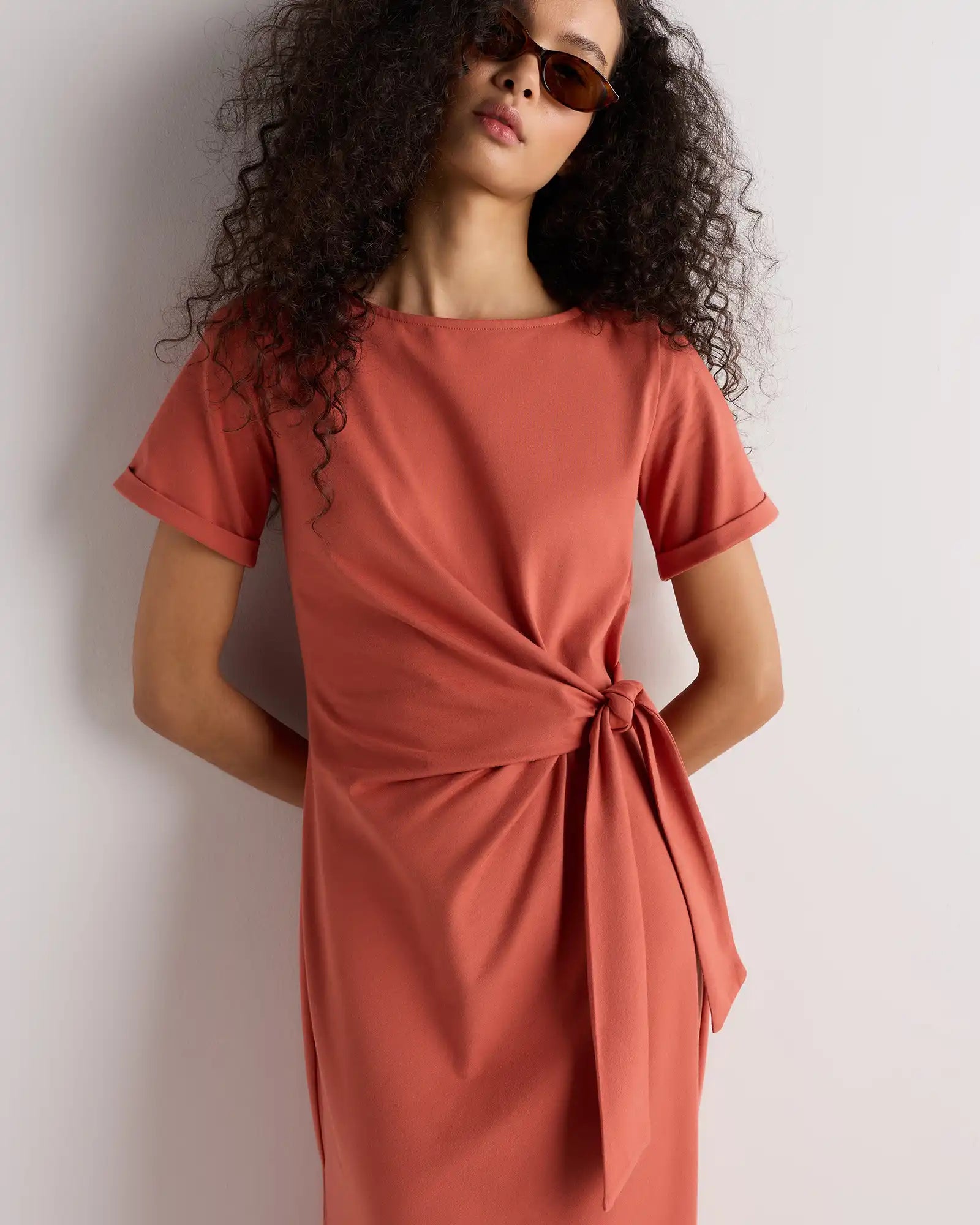Stretch Cotton Jersey Side Tie Midi Dress