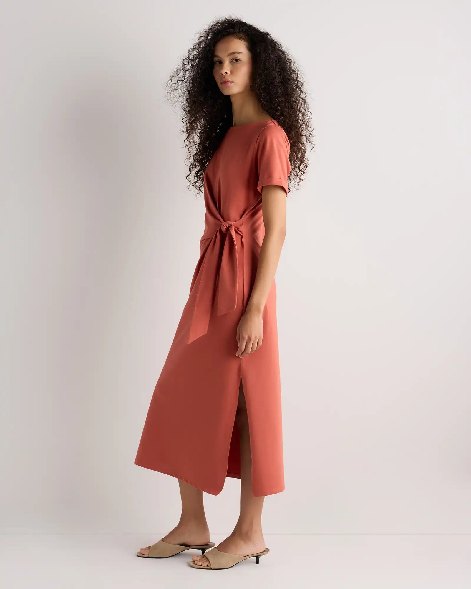 Stretch Cotton Jersey Side Tie Midi Dress