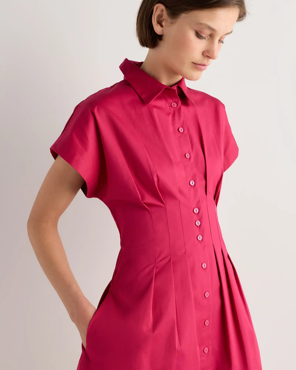 Stretch Twill Pleated Mini Shirt Dress