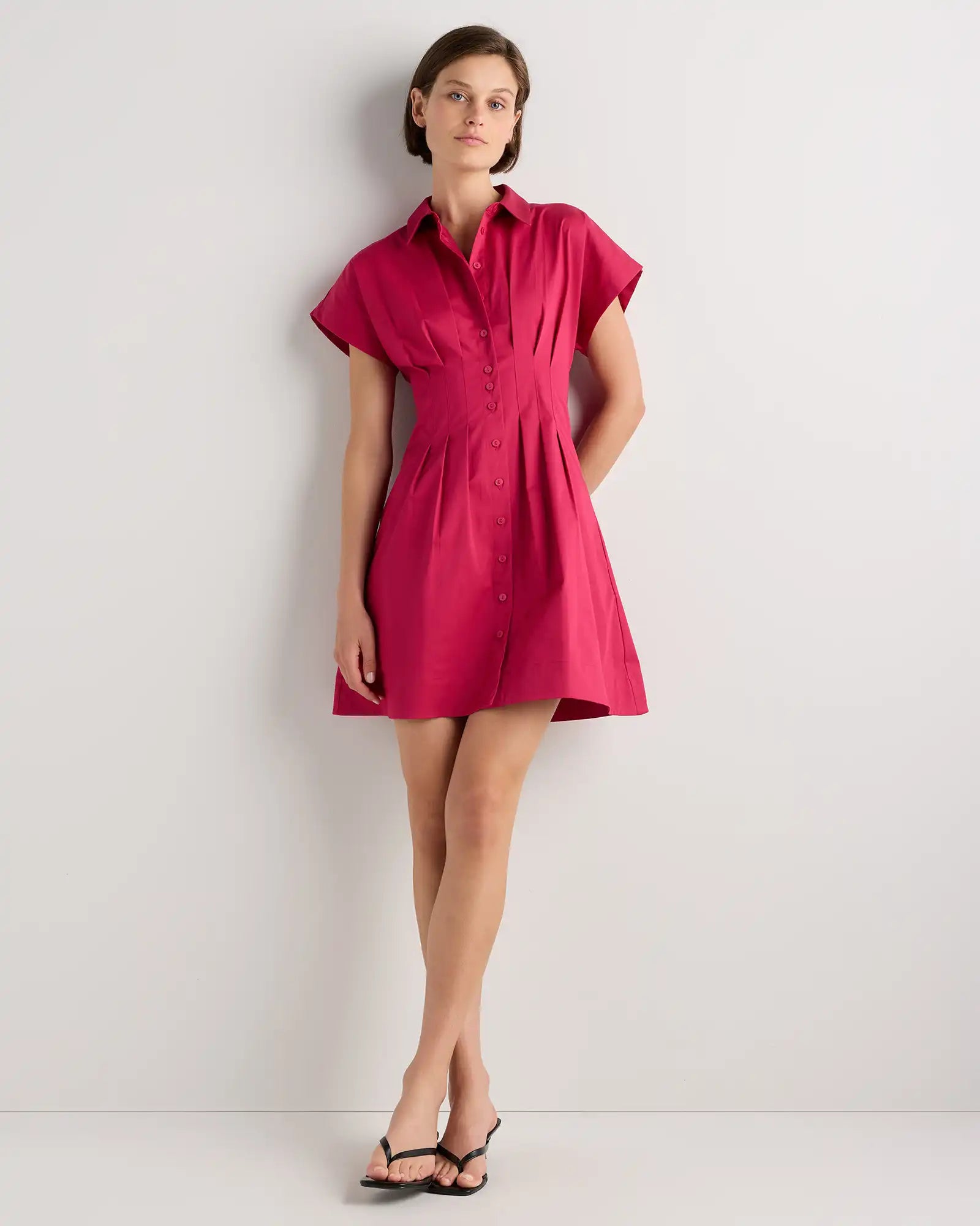 Stretch Twill Pleated Mini Shirt Dress
