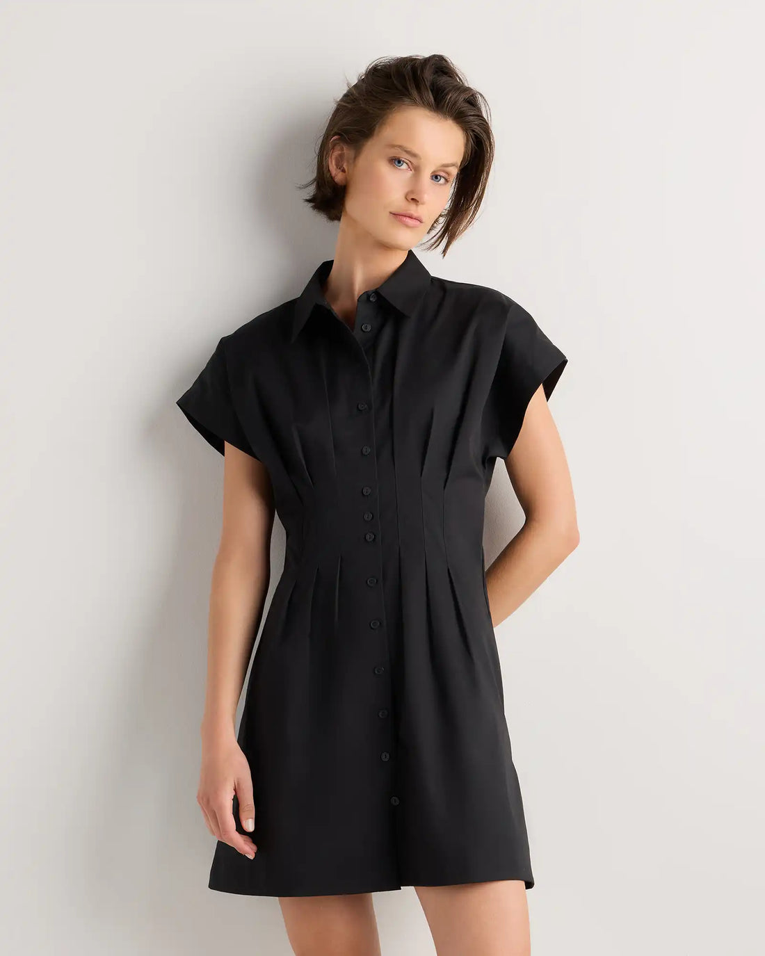 Stretch Twill Pleated Mini Shirt Dress