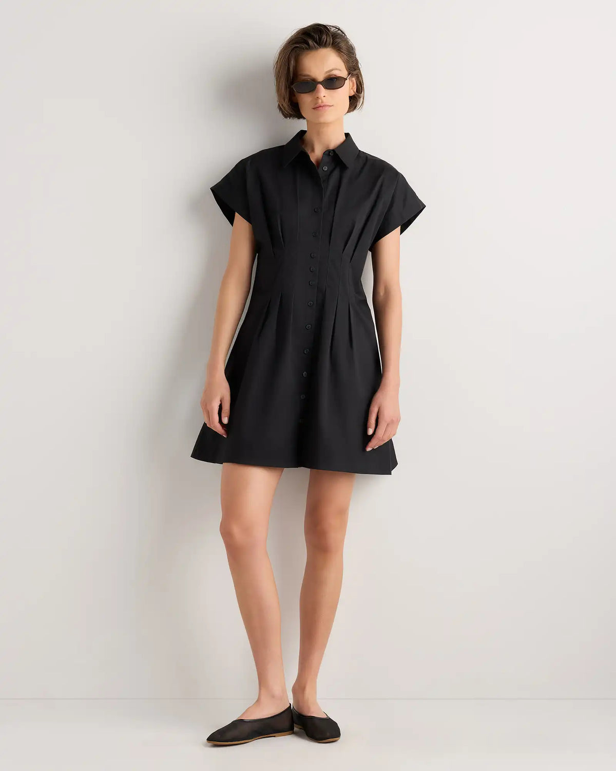 Stretch Twill Pleated Mini Shirt Dress