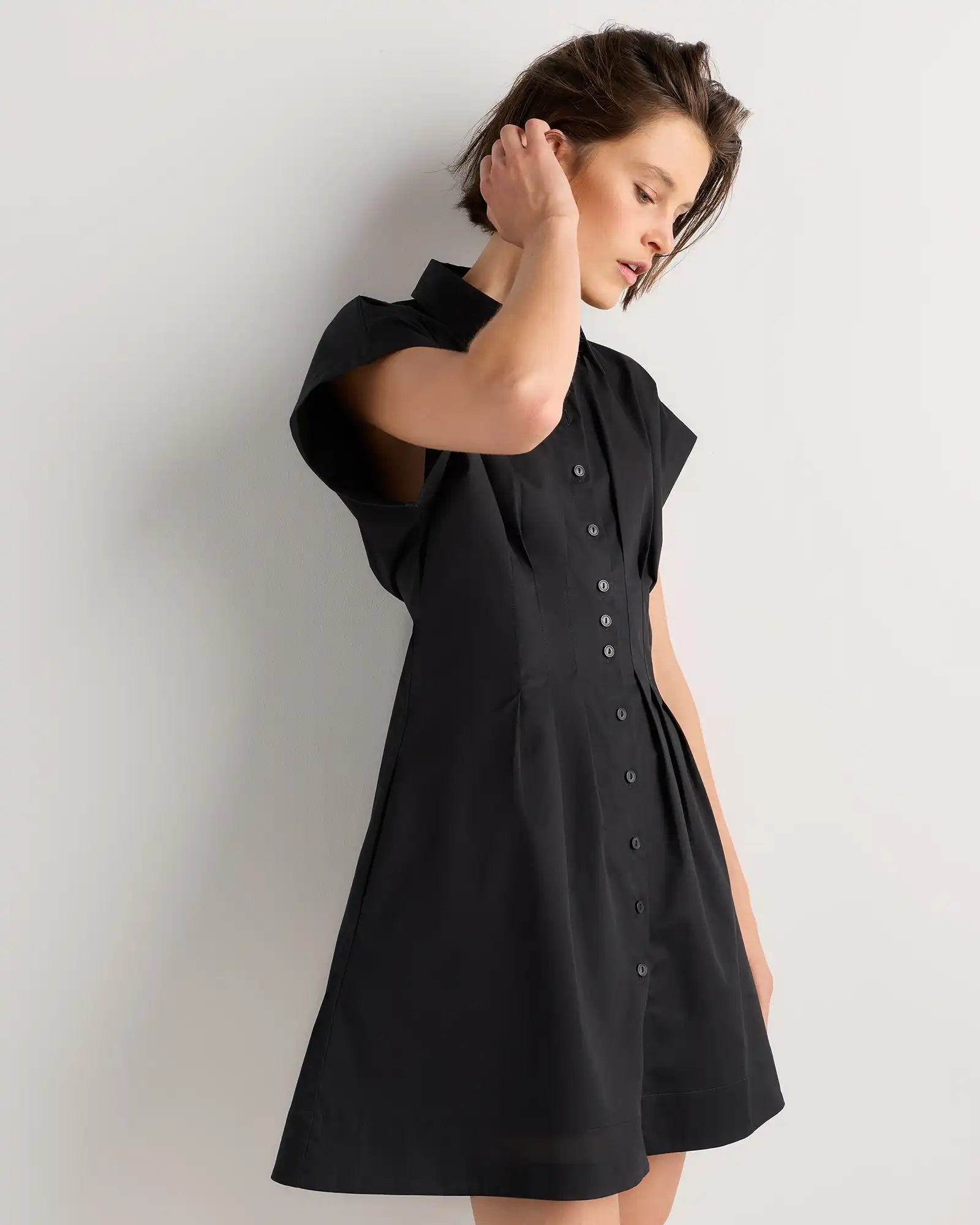 Stretch Twill Pleated Mini Shirt Dress