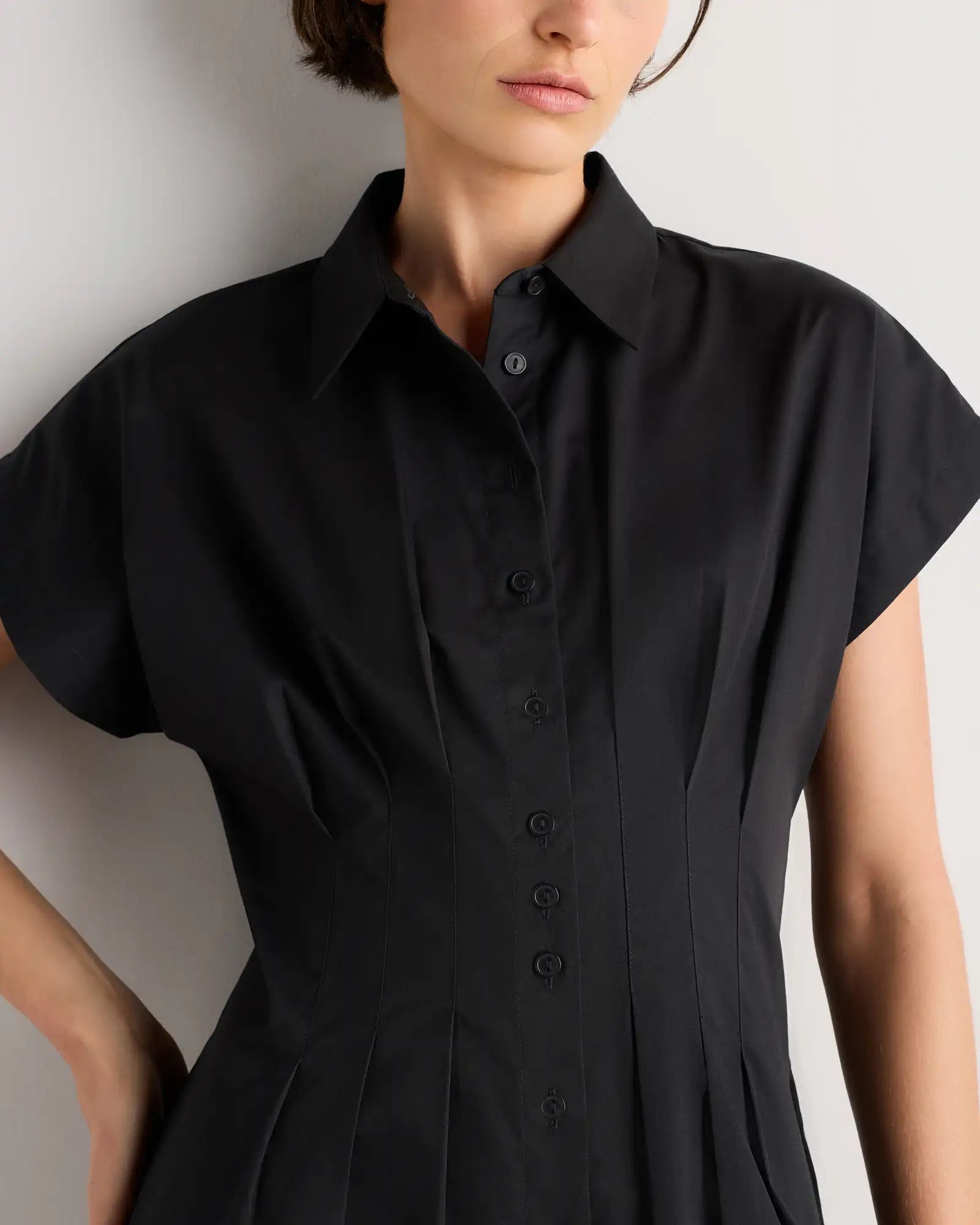 Stretch Twill Pleated Mini Shirt Dress