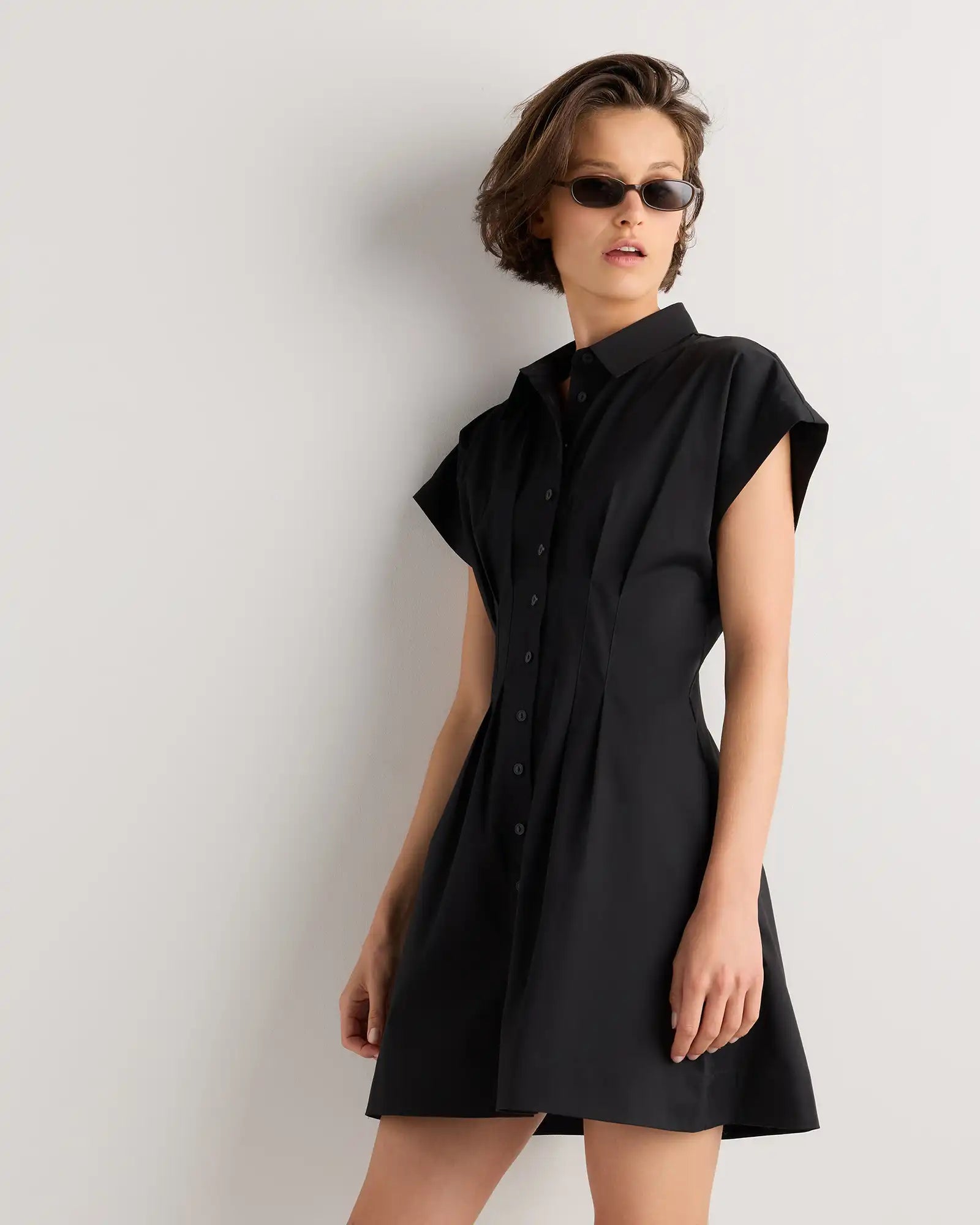 Stretch Twill Pleated Mini Shirt Dress