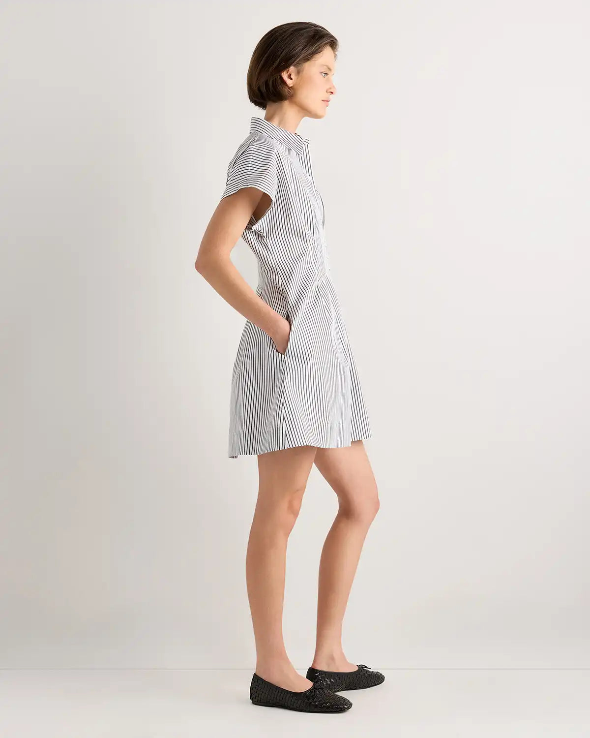 Stretch Twill Pleated Mini Shirt Dress