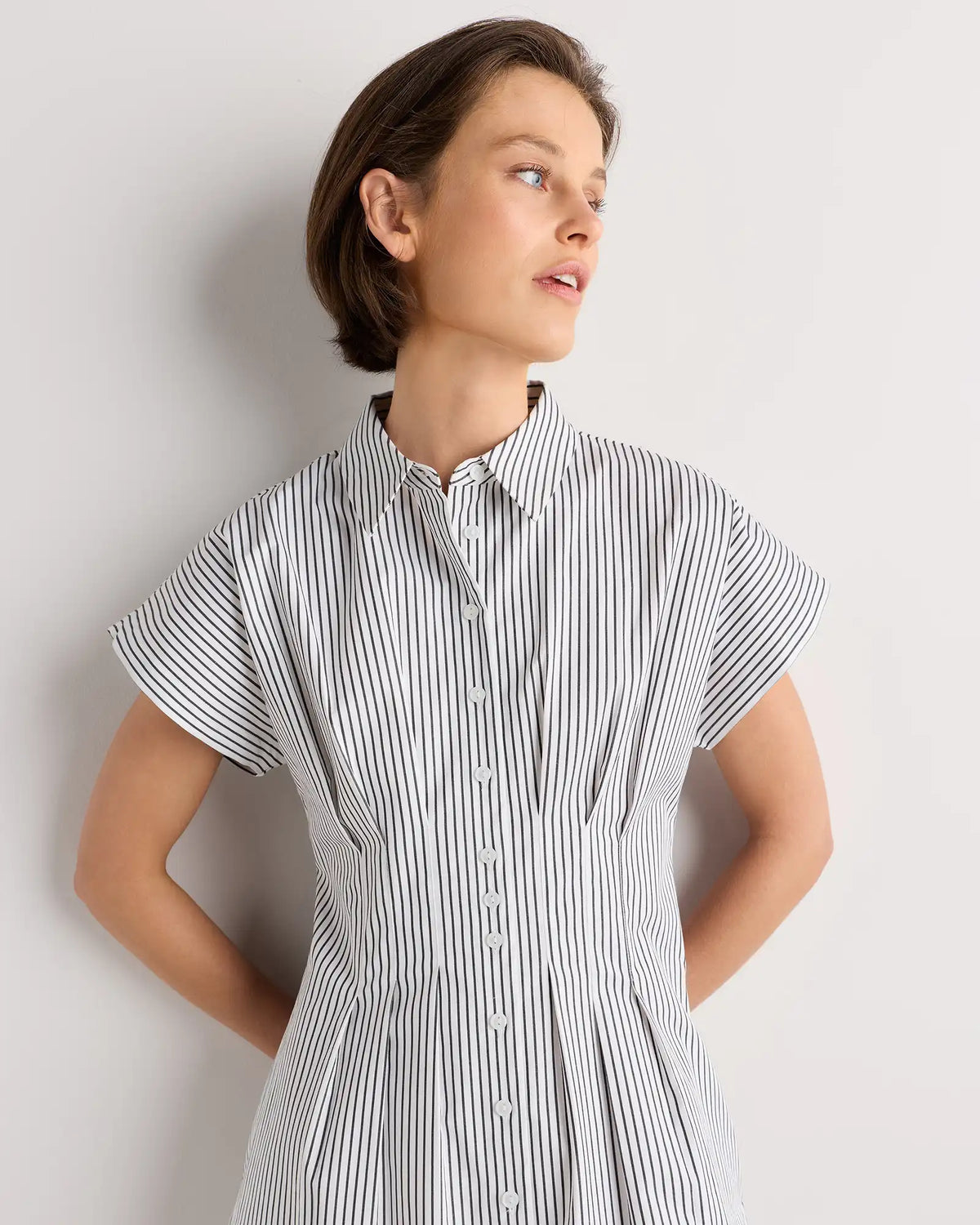 Stretch Twill Pleated Mini Shirt Dress
