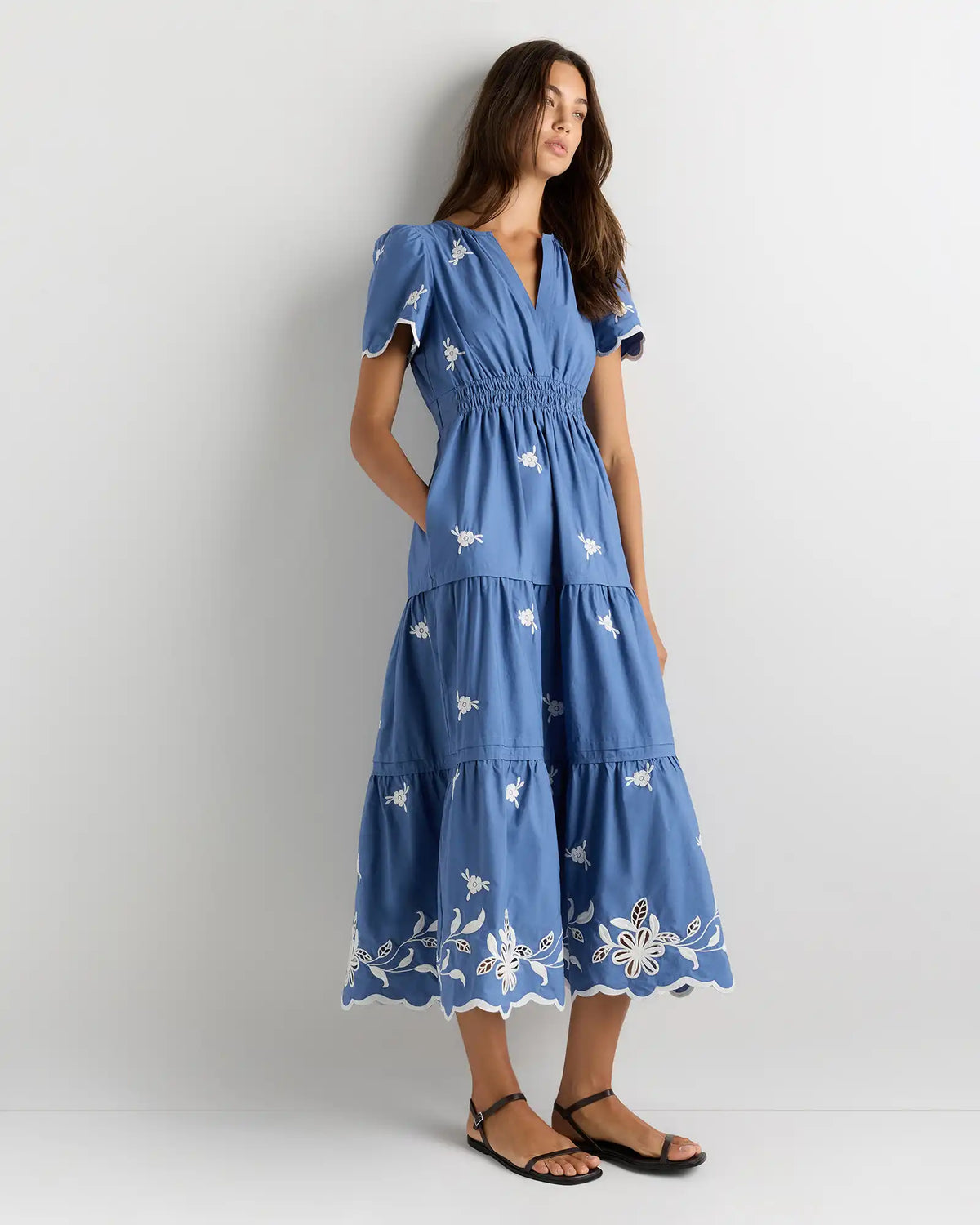 100% Organic Cotton Poplin Embroidered Tiered Maxi Dress