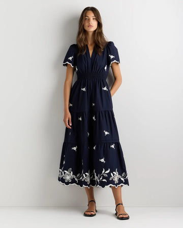 100% Organic Cotton Poplin Embroidered Tiered Maxi Dress