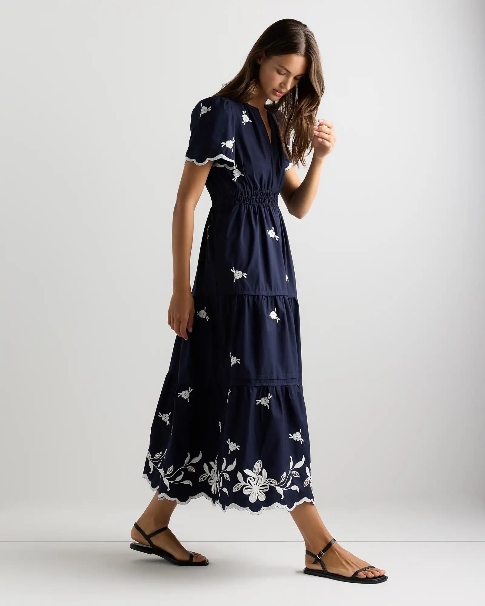 100% Organic Cotton Poplin Embroidered Tiered Maxi Dress