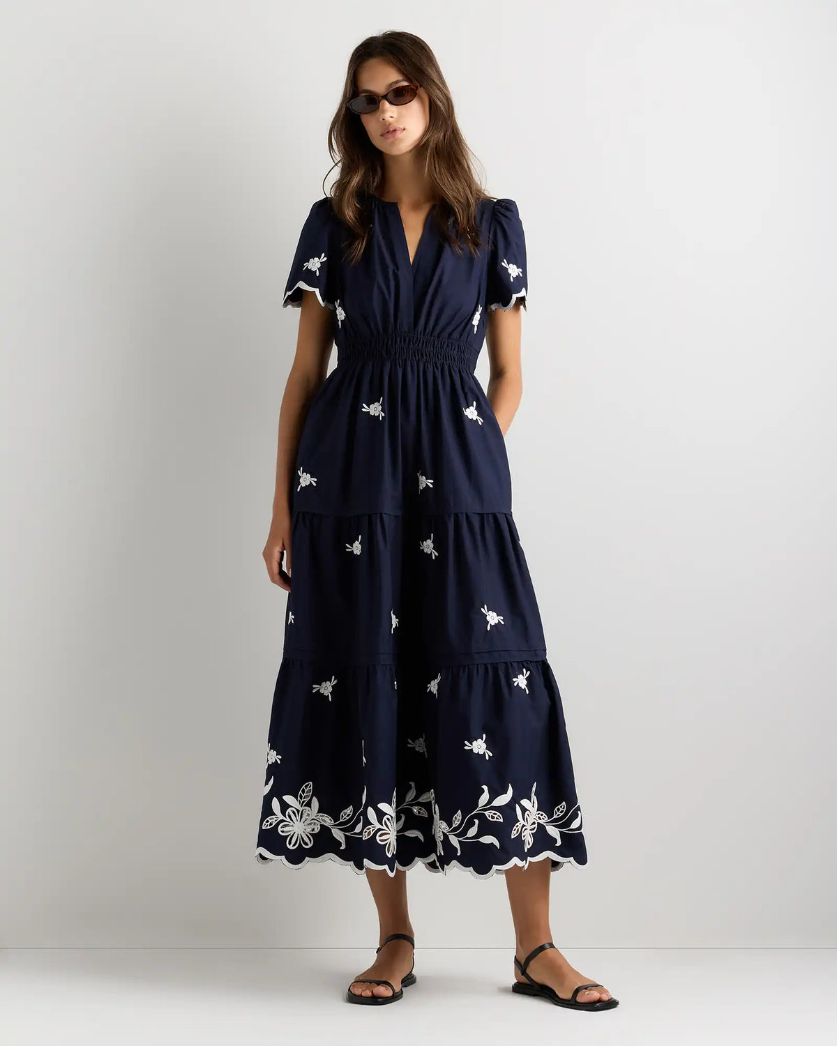 100% Organic Cotton Poplin Embroidered Tiered Maxi Dress