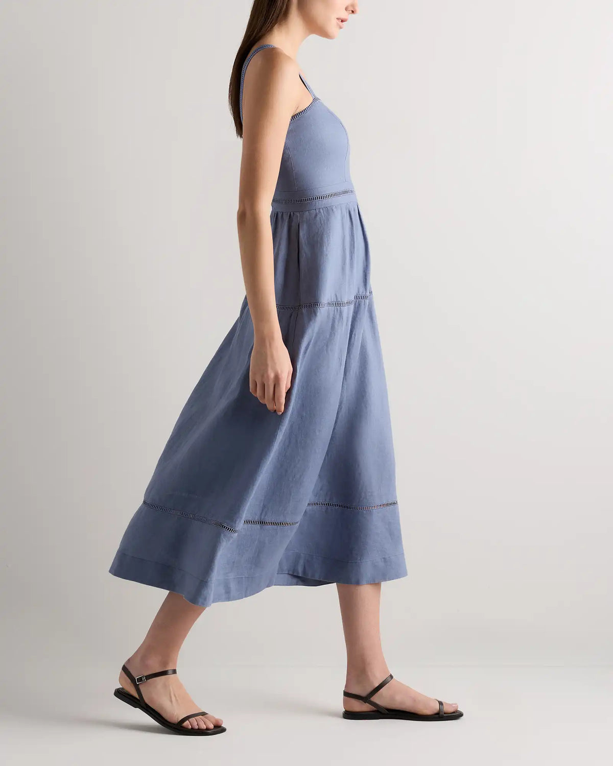 100% European Linen Ladder Stitch Midi Dress
