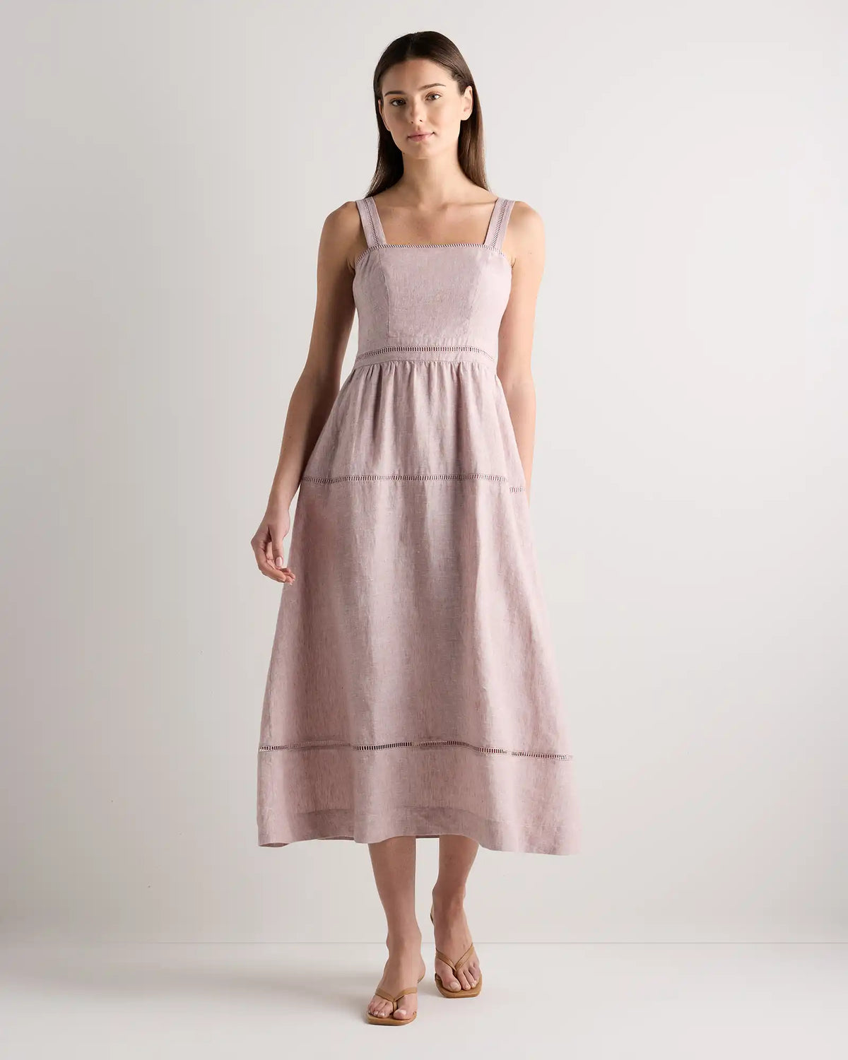 100% European Linen Ladder Stitch Midi Dress