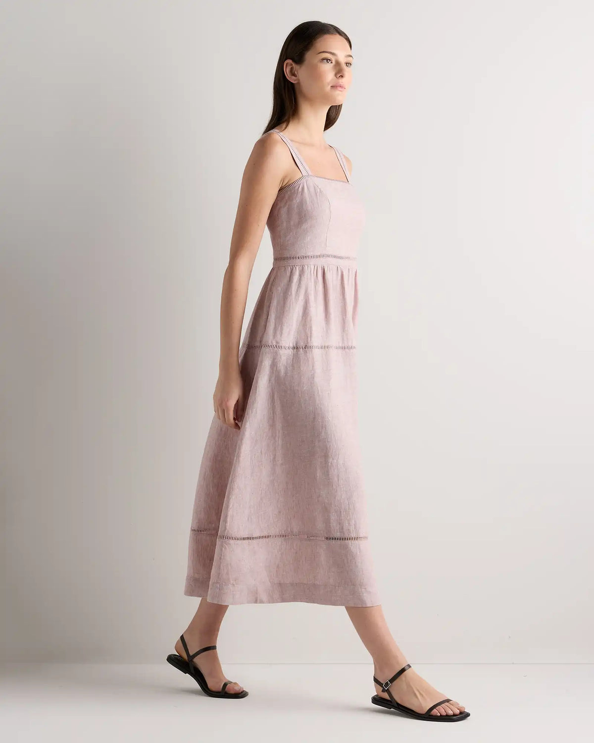 100% European Linen Ladder Stitch Midi Dress
