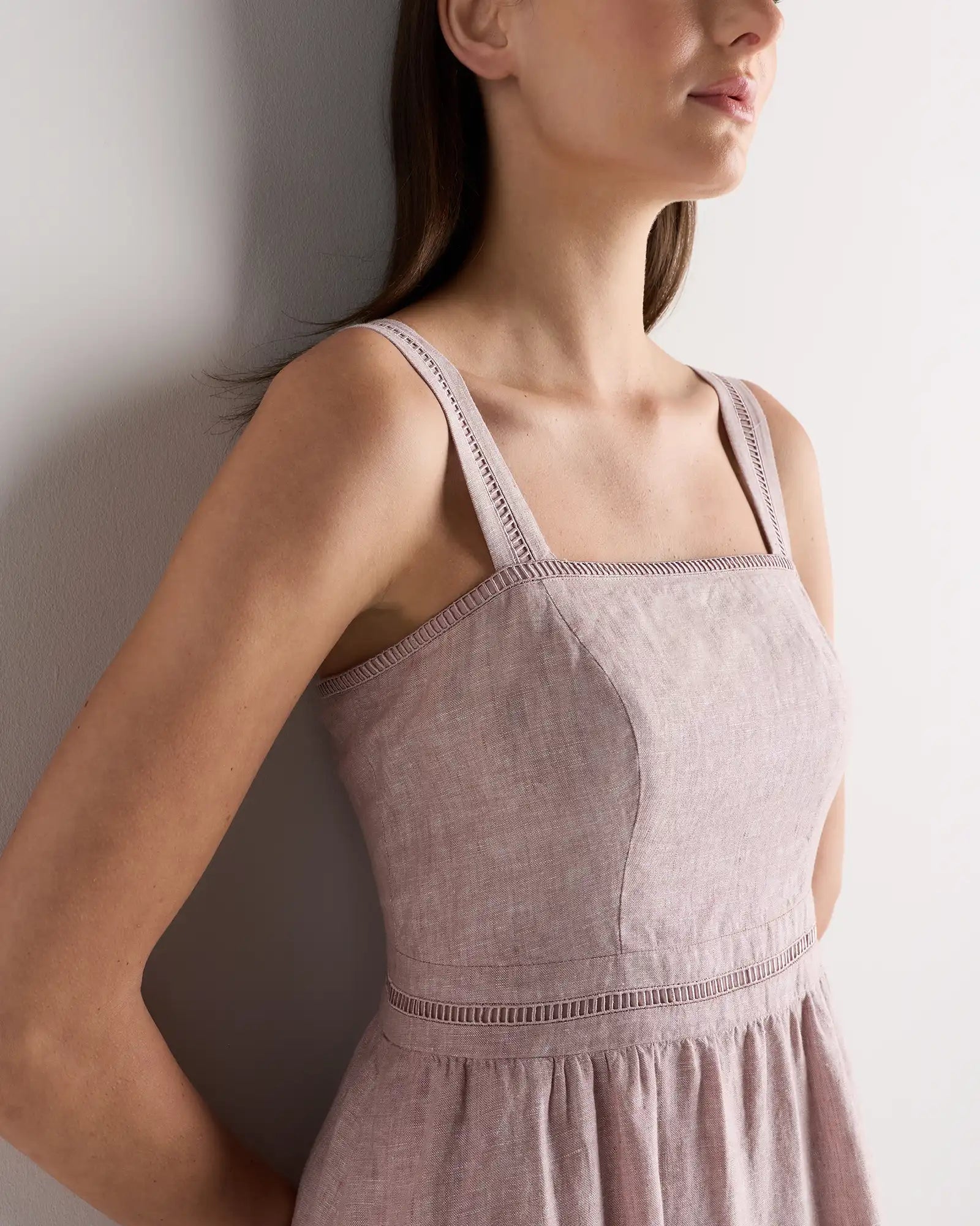 100% European Linen Ladder Stitch Midi Dress