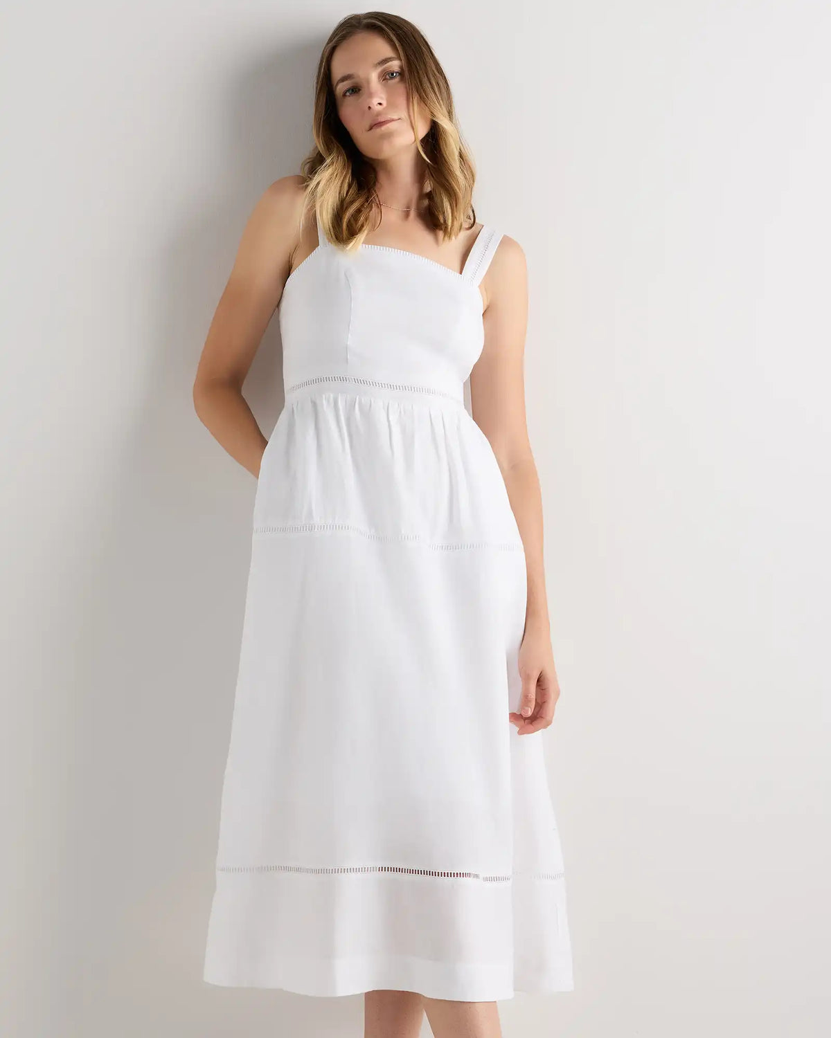 100% European Linen Ladder Stitch Midi Dress