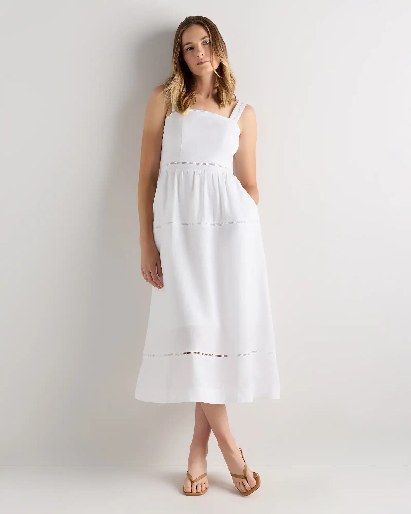 100% European Linen Ladder Stitch Midi Dress