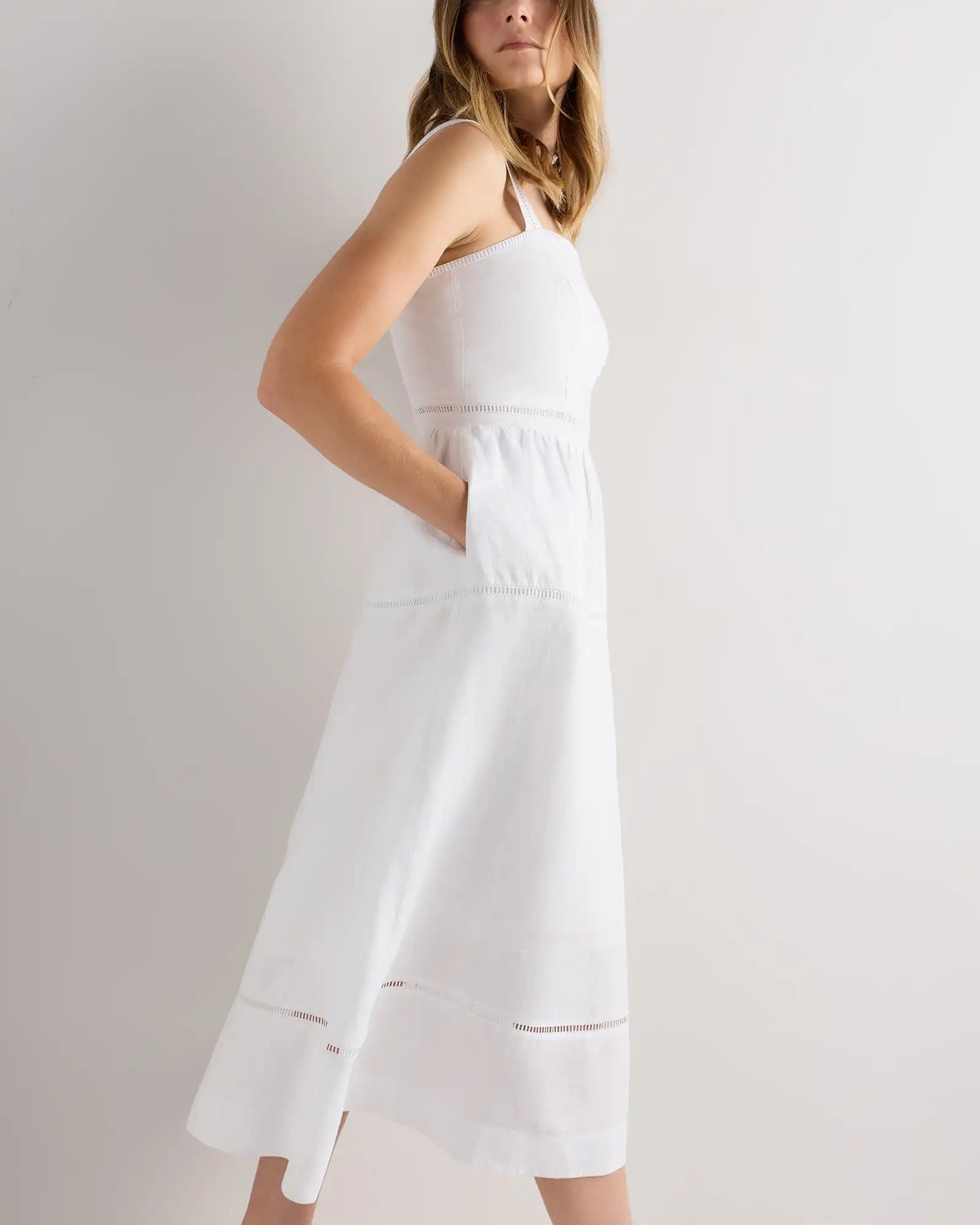 100% European Linen Ladder Stitch Midi Dress