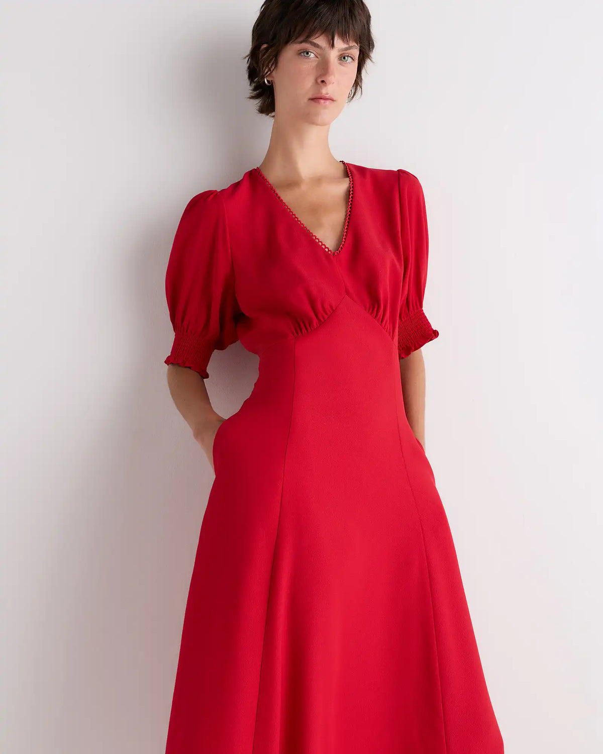 Matte Crepe Puff Sleeve Midi Dress