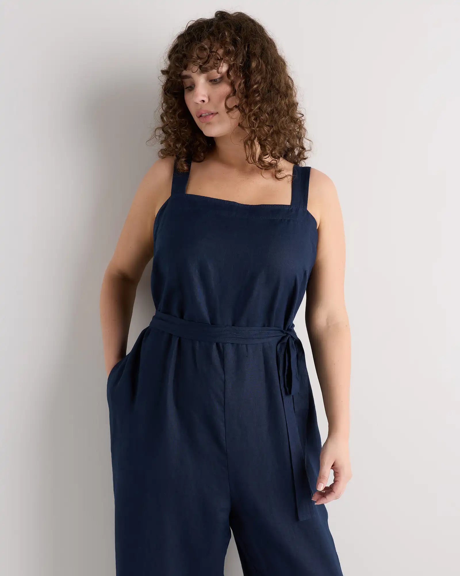 100% European Linen Square Neck Jumpsuit