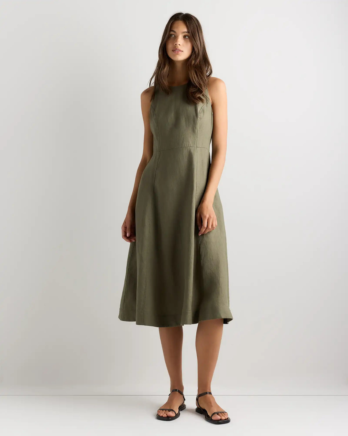 100% European Linen High Neck Midi Dress
