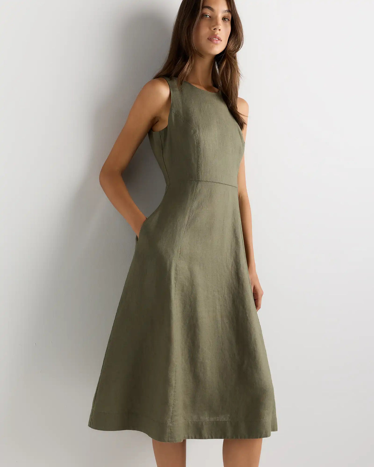 100% European Linen High Neck Midi Dress