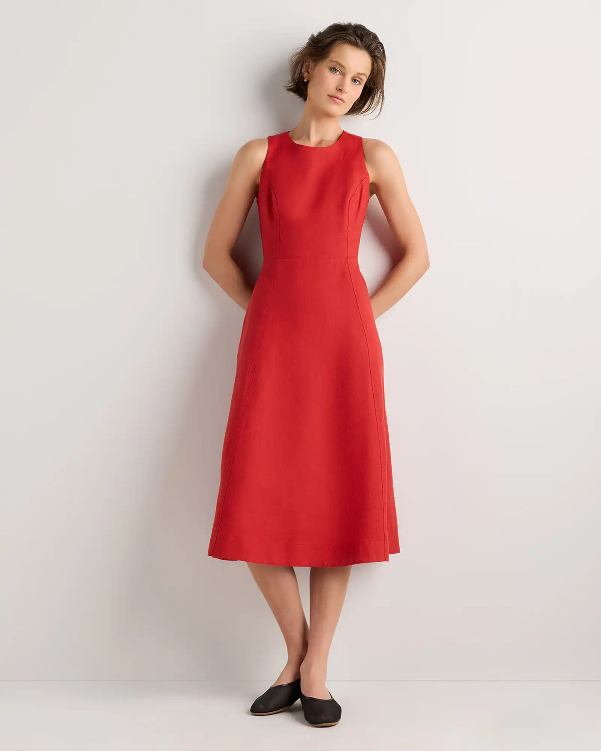 100% European Linen High Neck Midi Dress