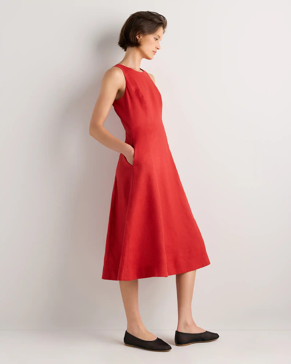 100% European Linen High Neck Midi Dress