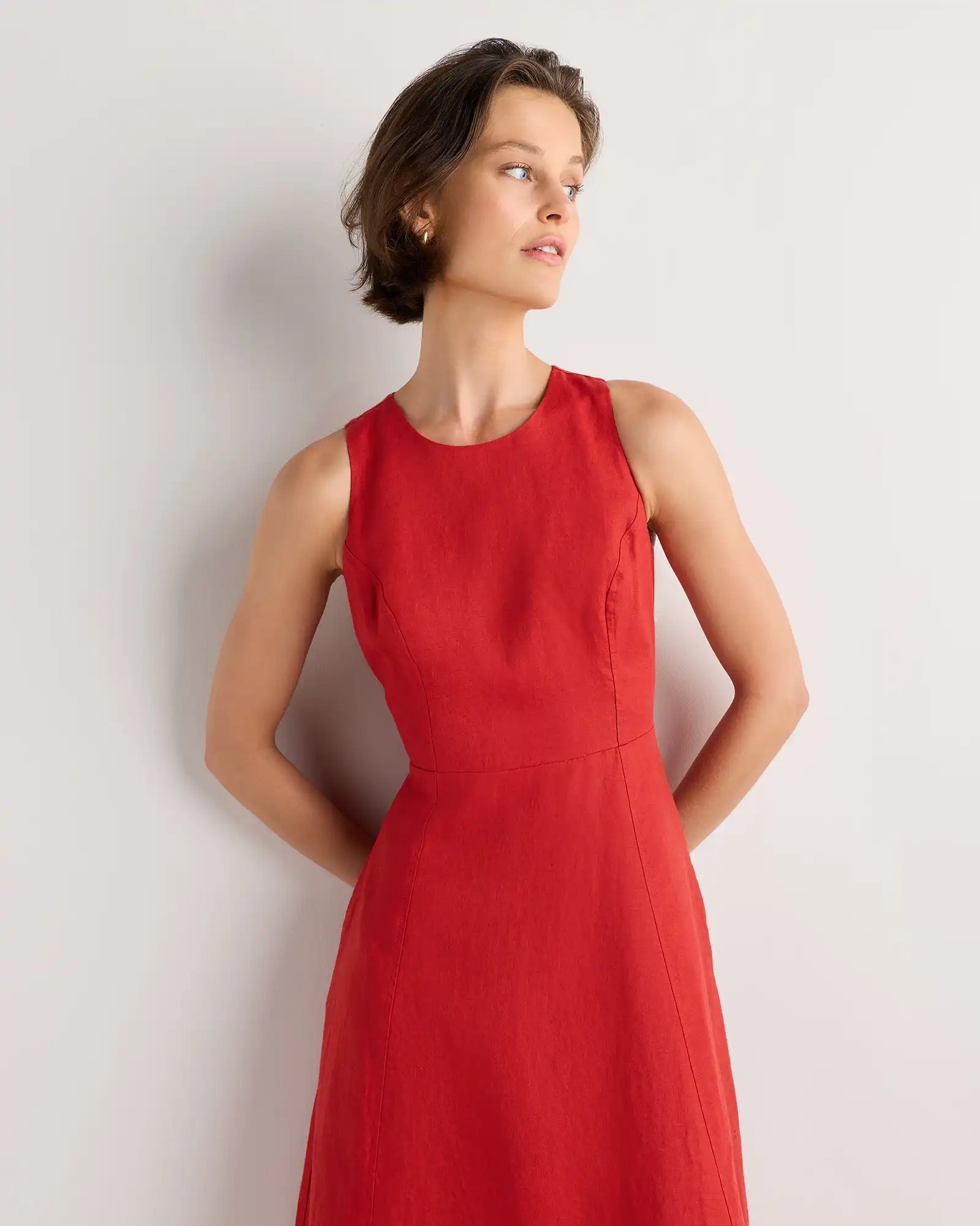 100% European Linen High Neck Midi Dress