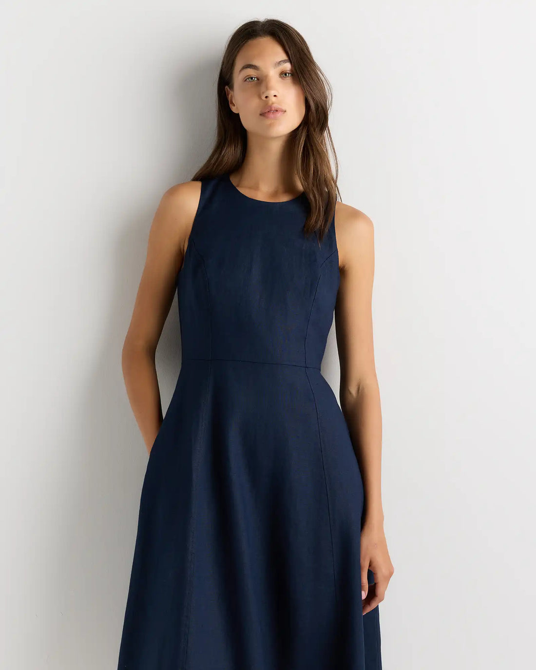 100% European Linen High Neck Midi Dress